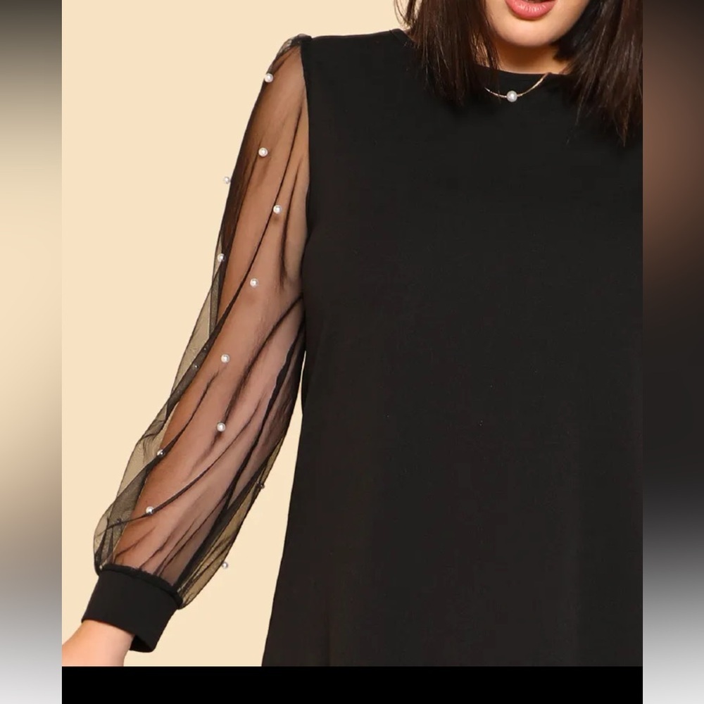 Plus Size Mesh Pearl Sleeve Mini Dress 3X Black Party Holiday - Picture 3 of 7